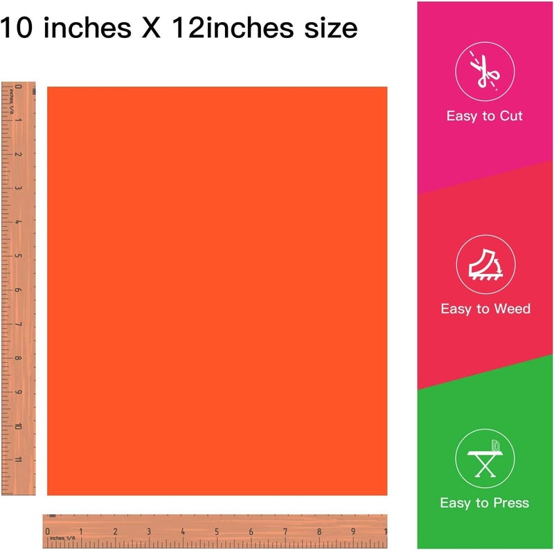 JANDJPACKAGING Neon Orange Heat Transfer Vinyl HTV for T-Shirts 12"x10" 10 Pack Iron on Vinyls (Neon Orange) - Image 2